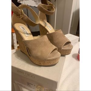 Jimmy Choo 151Lusion suede wedge in nude.